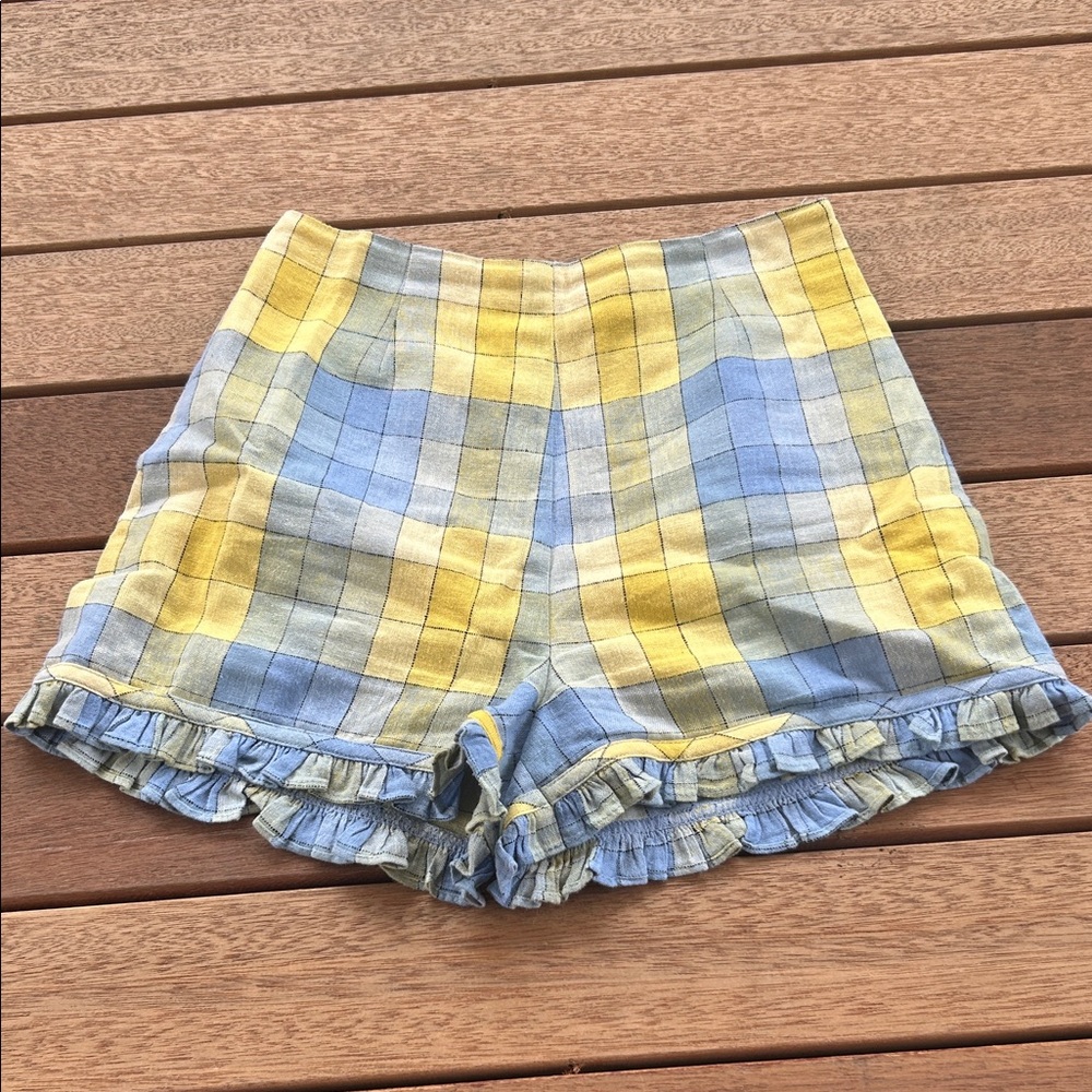 STAUD High Waist Checkered Shorts - Blue and Yellow